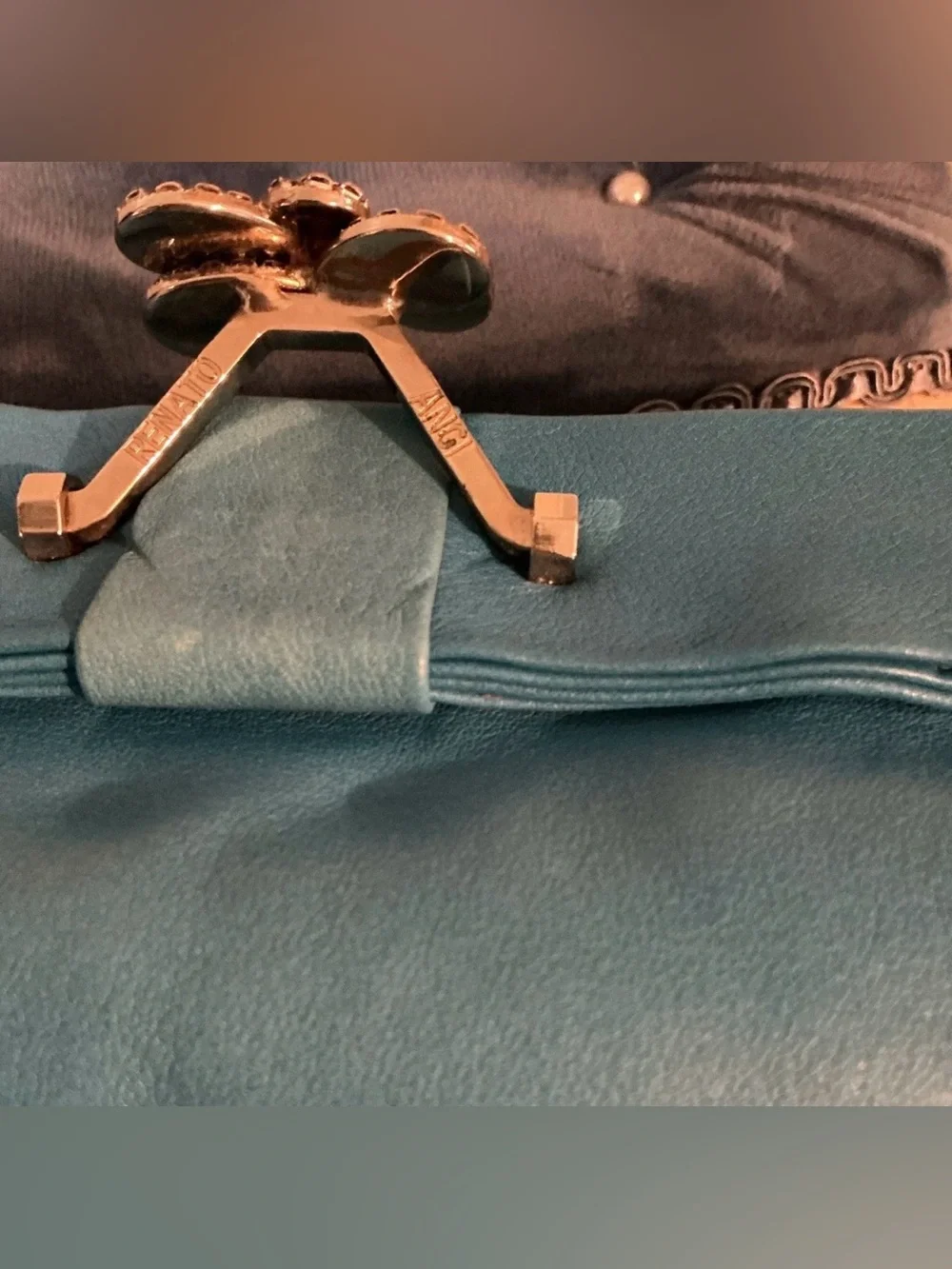 Renato Angi Turquoise Leather Rhinestone Bow Crossbody Shoulder Bag Clutch Vint